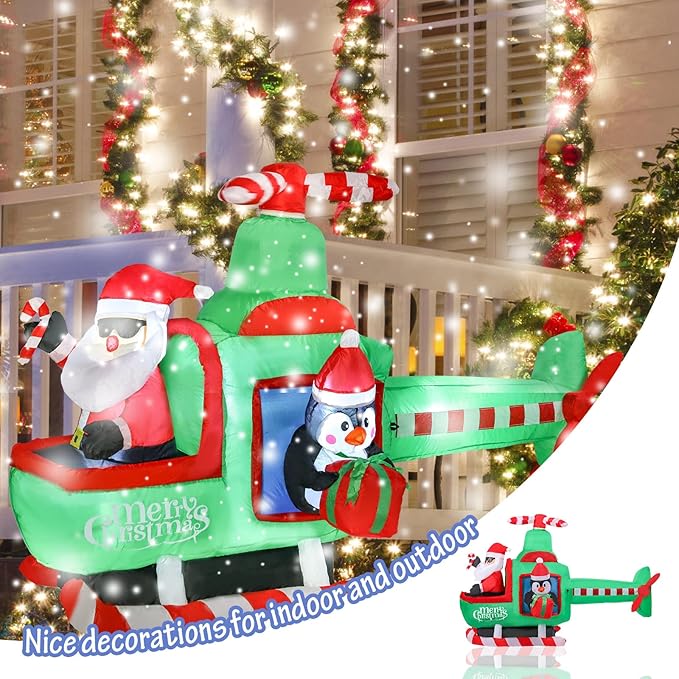 VCUTEKA Christmas Inflatables Outdoor Decorations, 6.5FT Santa Flying Animated Airplane with Penguin Blow Up Built-in LED Lights for Holiday Yard Garden Lawn Xmas Decor
