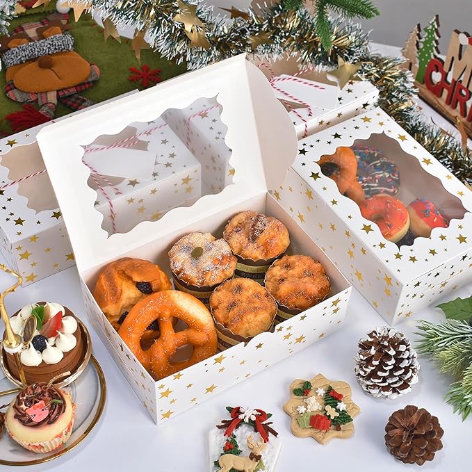 32Pcs 9x6x3 in Christmas Cookie Boxes with Window, White Bakery Boxes for Cookie, Treat Boxes Pastry Boxes for Gift Giving, Chocolate Covered Strawberries, Dessert, Donut, Cupcakes Muffins