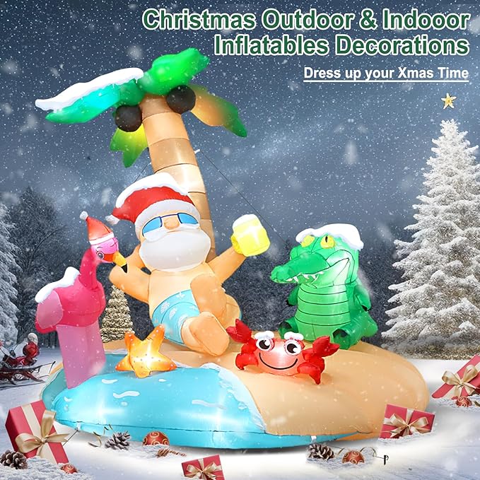 7.2FT Christmas Inflatables, Blow Up Inflatable Christmas Outdoor Decorations, Hawaiian Santa Island with LED Lights & Air Blower for Xmas Navidad Yard, Lawn Holiday Décor (7.2 x 6.6 x 5.5FT)