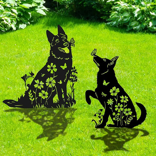 German Shepherd Metal Garden Stakes Yard Decor, 2PCS Black Dog Silhouette Statues Garden Decorative Gifts for Yard Art, Patio, Outside, Lawn Ornaments, Christmas, Backyard