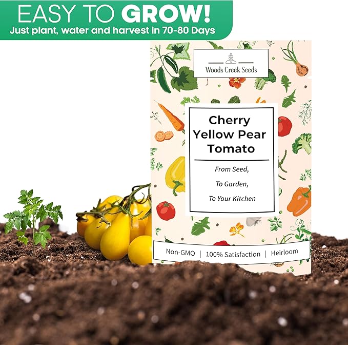 Woods Creek Seeds: Yellow Pear Tomato Seeds for Planting - Heirloom Tomato Seeds for Planting Outdoors, Indoors, Patio or Home Plant Garden - Non-GMO Seed Pack of Indeterminate Pear-Shaped Tomatoes