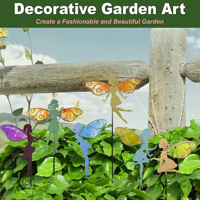 Fairy Garden Stakes Decorative Metal Glass Fairy Decor Outdoor Figurines for Outside Garden Yard Lawn Supplies Home Decor, Set of 6