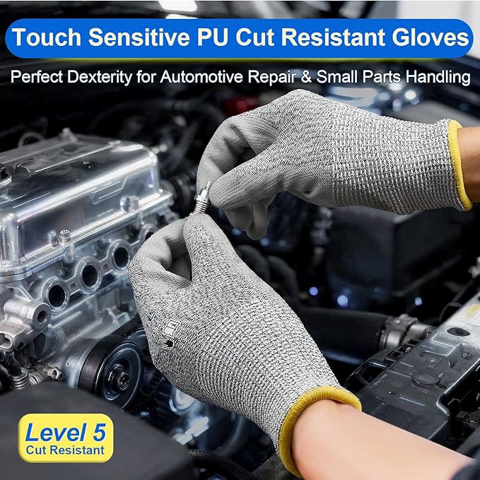 Dowellife Level 5 Cut Resistant Work Gloves for Men and Women, PU Coated Breathable Gardening Gloves, Thin Flexible and Firm Grip for Mechanics and Fishing (Small, Grey)