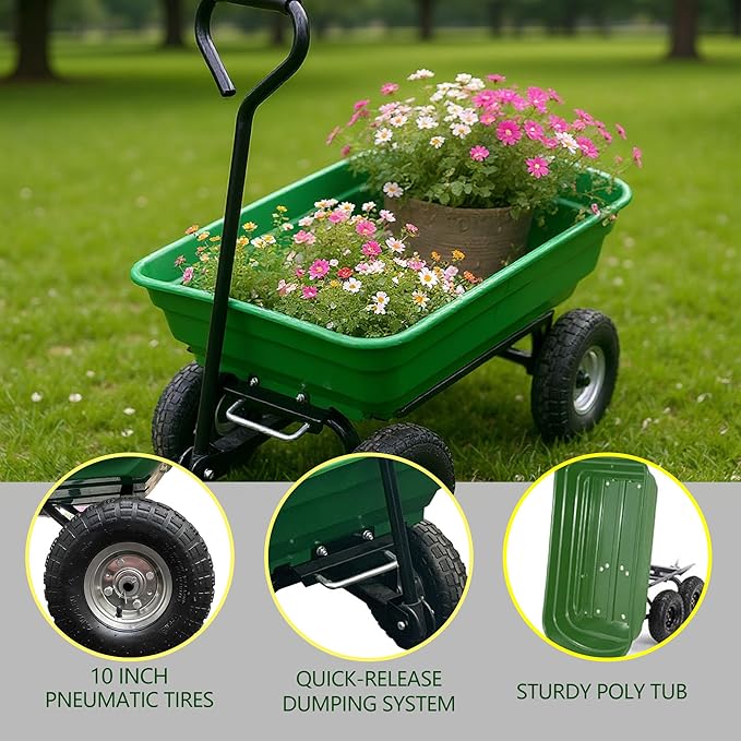 Wheelbarrow Garden Cart, Heavy Duty Home Utility, Four-Wheel Home Garden Yard Utility Wheelbarrow Cart with Built-in Stand,(Green)