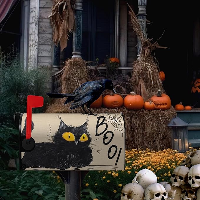 Halloween Cat Mailbox Covers - Magnetic Boo Mailbox Wraps - Standard Size Spider Net - Garden Decorations - 21" X 18"