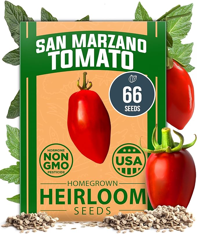 HOME GROWN San Marzano Tomato Seeds – 66 Heirloom Seeds Non GMO – High Germination Tomatoes for Indoor & Outdoor Growing – Classic Paste Variety for Gardeners & Home Use