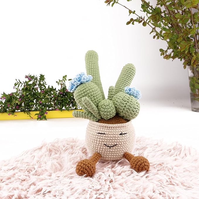 Crocheted Cactus Plants by Hand, Simulated Succulent Plants Potted with Wool Woven Flower for Father's Day, Mother's Day, Thanksgiving Day, Christmas Day and Wedding Decoration (Blue)