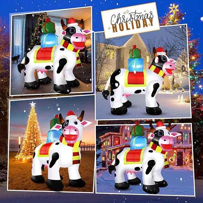 6 FT Outdoor Milk Cow Christmas Inflatables Decorations with Built-in LED Lights, Blow Up for Yard, Roof, Lawn