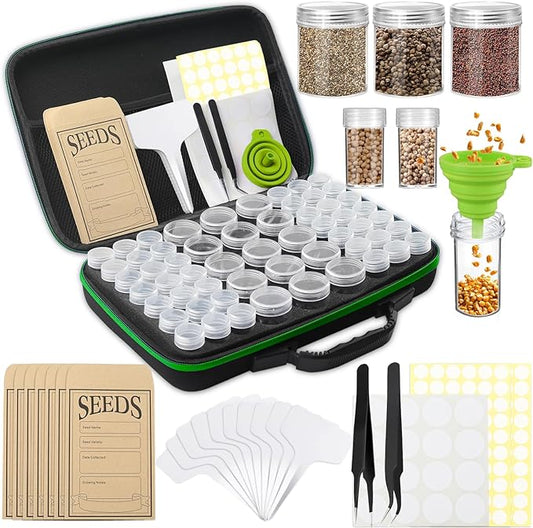 57 Slots Seed Storage Organizer Box with 0.6 oz 1.5 oz Garden Seed Containers, Label Stickers, Plant Label, Envelopes, Zipper Closure Seed Holder Organizer Kit for Vegetable/Flower/Plants Seed Saving