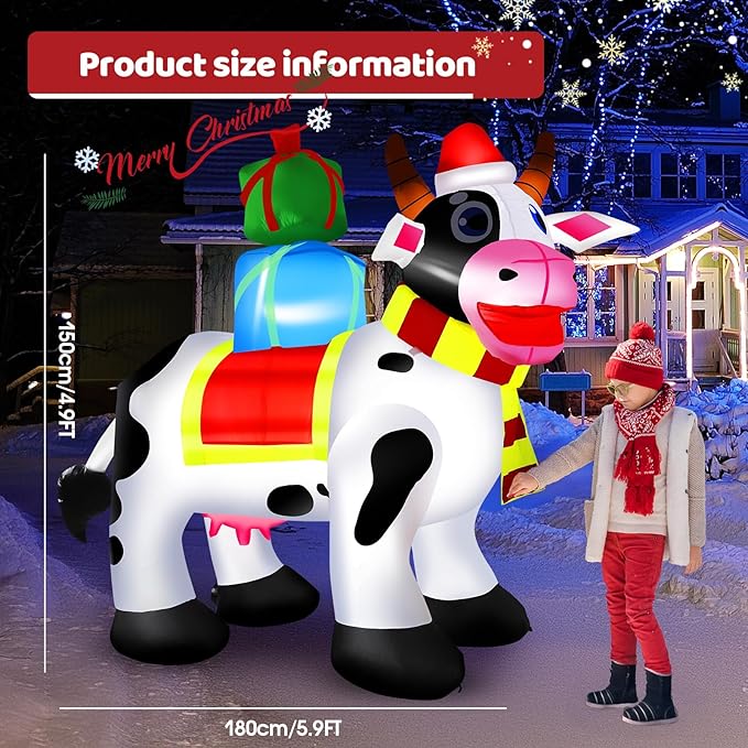 6 FT Outdoor Milk Cow Christmas Inflatables Decorations with Built-in LED Lights, Blow Up for Yard, Roof, Lawn
