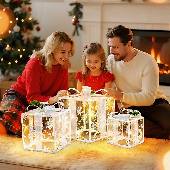 Set of 3 Christmas Lighted Gift Boxes,Outdoor Christmas Decorations,Featuring Snowflake Decorations,Battery Operated Light Up Present Boxes for Christmas Trees Indoor Outdoor Home Yard Lawn Decor