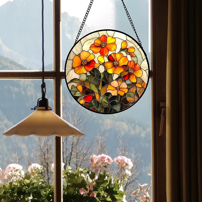 Stained Glass Window Hanging - Orange Marigolds Flowers Suncatcher for Door Garden Yard Sun Catchers Decor Christmas Mother's Day Birthday Gifts for Women Mom Nana Girlfriend Men 7.8 in