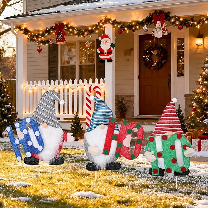 Lighted Christmas Gnome Outdoor Stakes 3D Glittered Gnomes with HOHOHO Lighted Up Yard Stakes Outdoor Christmas Decoration for Lawn Yard Garden
