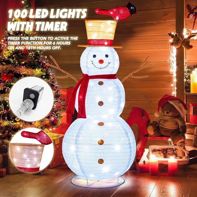 NALONE Lighted Snowman Christmas Decoration, Cool White Collapsible Snowman with LED Lights and Timer for Outdoor Yard Home (4FT)