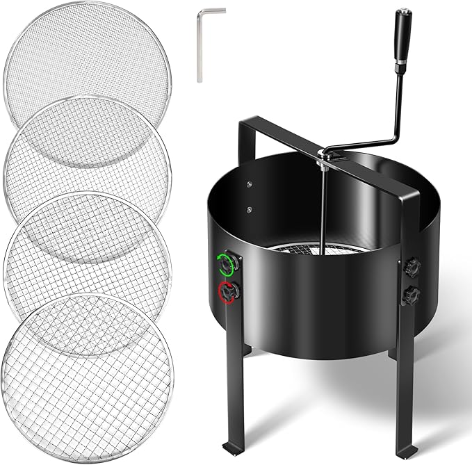 Upgraded Rotary Soil Sifter Including Compost Sieve, 13" Screening Filter with 4 Replaceable Mesh Sizes 0.12/0.24/0.35/0.47 Inch Soil Screen, Rock Sifter for Garden