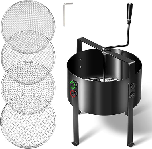 Upgraded Rotary Soil Sifter Including Compost Sieve, 13" Screening Filter with 4 Replaceable Mesh Sizes 0.12/0.24/0.35/0.47 Inch Soil Screen, Rock Sifter for Garden