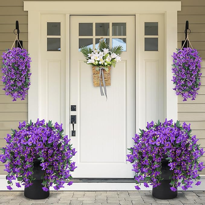 Sggvecsy Artificial Fake Hanging Flowers Plants for Outdoor Outside Spring Summer Decoration 4PCS Faux Silk UV Resistant Realistic Morning Glory Trailing Vines for Home Porch Patio Balcony(Purple)
