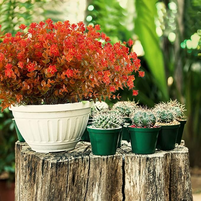 Happylife 6 Bundles Artificial Flowers, Fake Artificial Greenery UV Resistant No Fade Faux Plastic Plants for Wedding Bridle Bouquet Indoor Outdoor Home Garden Kitchen Office Table Vase (Orange Red)