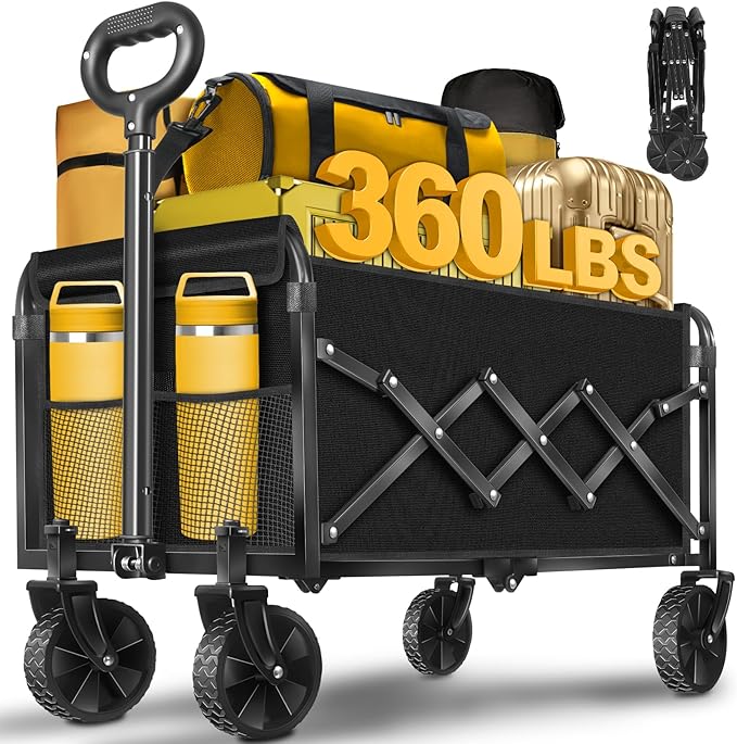 Wagon Cart Foldable, 360Lbs Collapsible Wagon Cart with Wheels Portable, Outdoor Utility Carts for Groceries, Camping, Sports, Garden, Shopping, Black