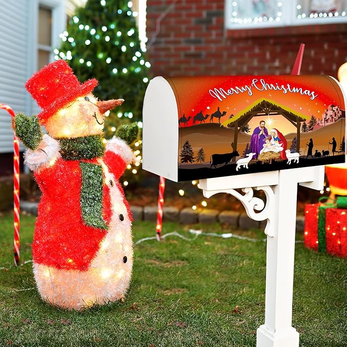 Blosssound Merry Christmas Magnetic Mailbox Cover Xmas Nativity Scene Mailbox Covers Decor Religious Red Christmas Post Box Standard Size 21 X18 Inch Garden Yard Outdoor Decoration