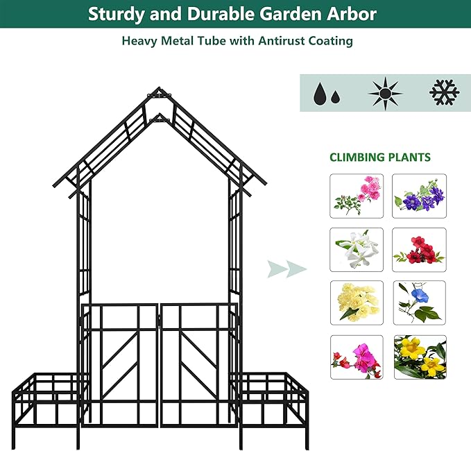 Metal Garden Arbor Arch with Gate and Plant Box, 97“ H Garden Trellis Wedding Arch Party Decoration for Outdoor Lawn Climbing Plants Support Roses Vines (Black Line)