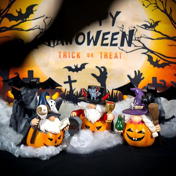 3PCS Halloween Gnomes Figurines Decor Pumpkin Themed Handmade Resin Gnome Halloween Decor Vampire Wizard Witch Gnomes Gifts for Women Home Decor Statue for Tier Tray (Pumpkin)