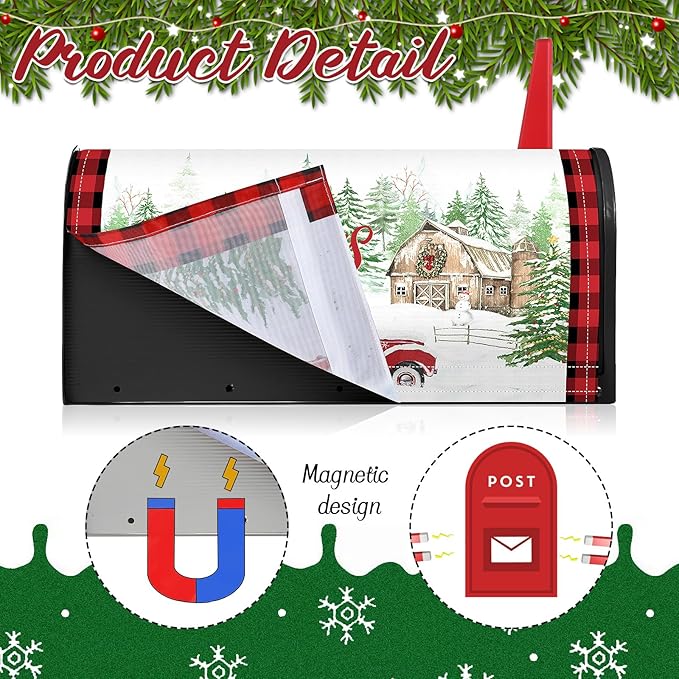 Blosssound Merry Christmas Magnetic Mailbox Cover Xmas Red Truck Mailbox Covers Decor Snowflakes Red Plaid Print Christmas Post Box Standard Size 21 X18 Inch Garden Yard Outdoor Decoration