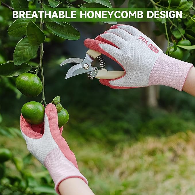 JDL Gardening Gloves for Women, 2 Pairs Breathable Latex Coated Yard Garden Gloves, Rubber Outdoor Protective Work Gloves with Grip, Pink, Medium Size