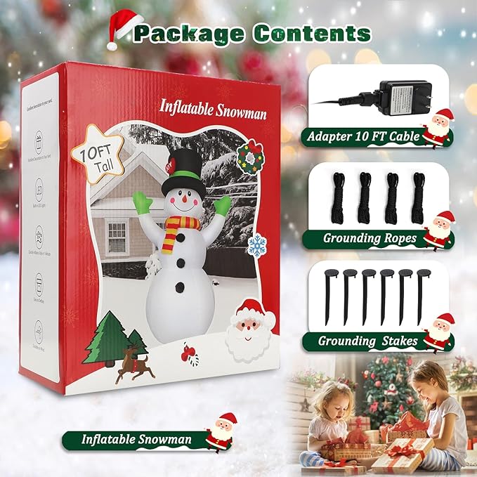 10 FT Christmas Inflatables Snowman Outdoor Yard Decorations, Giant Blow Up Snowman, Built-in Bright LED Lights, Huge Xmas Blowups Snow Man Outside Holiday Decor for Garden Patio Porch Lawn Home Party