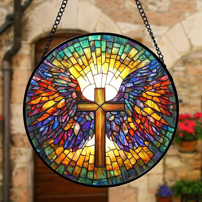 Stained Glass Window Hanging - Jesus Cross Wings Suncatcher Ready to Hang Window Doors Home Decoration and Christmas, Mother's Day Birthday Gifts for Women, Men, and Mom 7.8x7.8 in