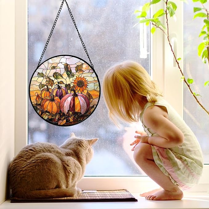 Stained Glass Window Hanging, Pumpkin Sunflower Suncatcher Diamond Glass Panel Sun Catchers Decor for Birthday for Women, Men, Wife, Aunt, and Mom 9.8 in
