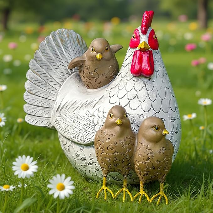 Elenon Sitting Mother Hen and Baby Chick Statue, Resin Farm Animal Decoration, Chicken Sculpture Yard Art Outdoor Lawn Decoration