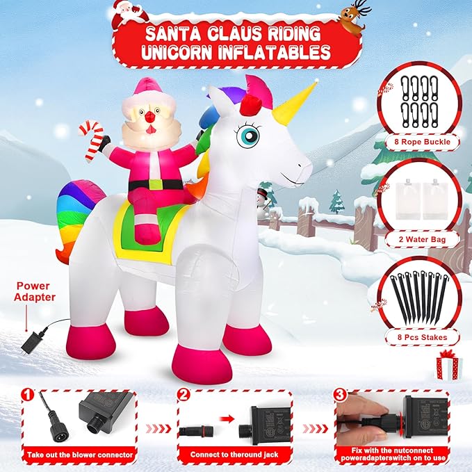 7.2 FT Christmas Inflatables Yard Decorations Outdoor Santa Claus Riding Unicorn Inflatables Decorations Built-in LED Lights, Christmas Blow Up for Outdoor, Yard, Roof, Lawn