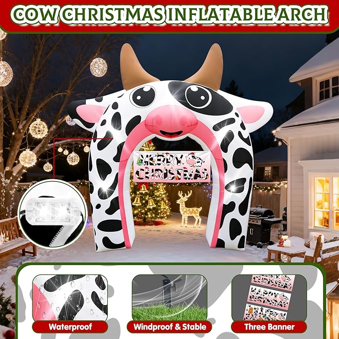 12FT Christmas Inflatable Cow Arch Outdoor Decorations Giant Cow Inflatables with Built-in 5 LED Lights Farm Animals Blow Up Garden Yard Lawn Decor for Baby Shower Cow Birthday Party Decoration