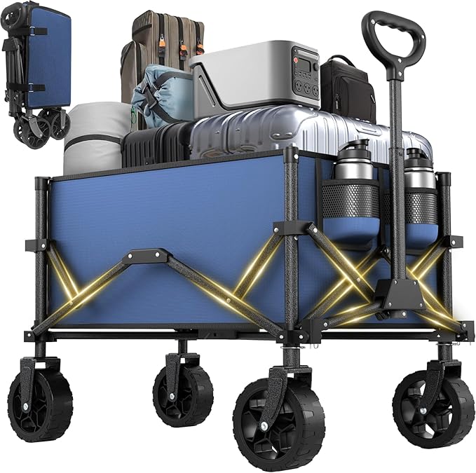 Navy Blue Collapsible Wagon with Wheels, Portable Wagons Carts Foldable, Folding Wagon Cart for Groceries, Sports Garden Shopping Utility Wagon