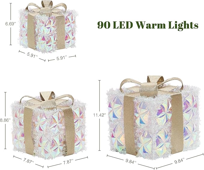 LuxenHome Set of 3 Lighted Gift Boxes, Plug-in Silver Prism with Gold Ribbon Bow Boxes with 70 LED Lights for Entryway, Lawn, Porch, Under Tree Indoor, Outdoor Christmas Decoration