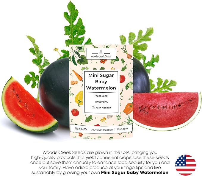 Woods Creek Seeds: Sugar Baby Watermelon Seeds for Planting - Over 90 Heirloom Watermelon Seed Pack - Non-GMO Fruit Seeds for Planting Home Garden or Outdoors - Mini Watermelon Seeds for Gardeners