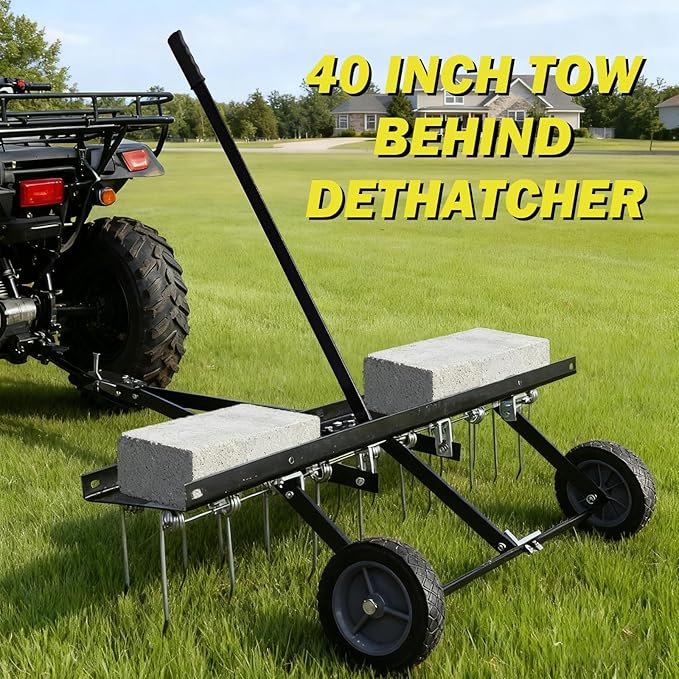 Tow Behind Dethatcher, 40-Inch Tow Lawn Dethatcher with 20 Spring Steel Tines, Lawn Dethatcher Rake Compatible with ATV & Mower, Tow Behind Lawn Rake with Lift Handle for Garden, Farm & Grass