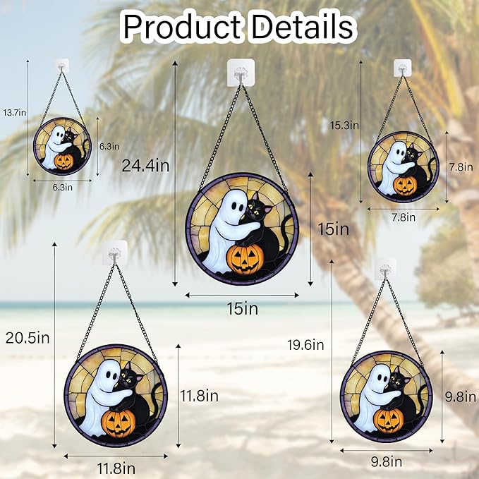 Stained Glass Window Hanging - Halloween Decorations Cute White Ghost Black Cat Suncatcher for Doors Garden Spooky Sun Catchers Gothic Decor Horror Gifts for Women Men Friend Boy 6.3 in