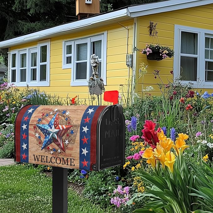 4th of July Mailbox Cover Patriotic Mailbox Covers Magnetic Welcome Post Letter Box Cover Star Mail Box Wrap Home Decor Outdoor Yard Decoration for Garden Standard Size 21x18 inch