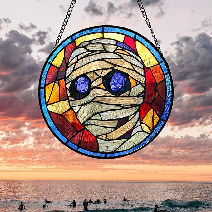 Stained Glass Window Hanging Halloween Blue-Purple Eyeball Mummy 9.8" - Suncatcher Door Garden Sun Catcher Gothic Decor Birthday Horror Funny Gift for Mom Woman Nana Friend Men