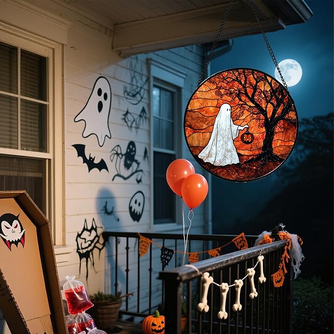 Stained Glass Window Hanging - Halloween Ghost Holding A Pumpkin Lantern Suncatcher for Door Garden Spooky Tree Sun Catchers Gothic Decorations Horror Gifts for Women Men Friend 15 in