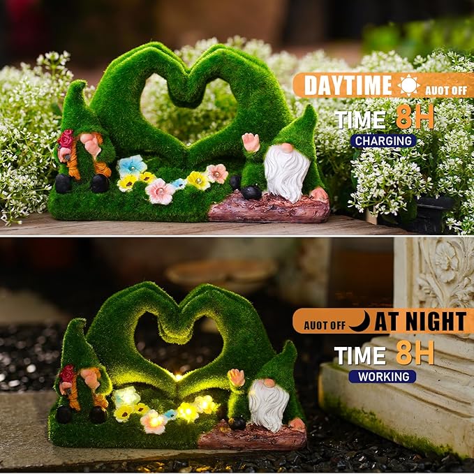 Solar Garden Gnome Decor Heart-Shaped Fairy Tale Outdoor Statue, Gifts for Women Mom Grandma Senior Elder, Green Resin Flocked Gnomes Decoration for Lawn, Patio, Yard