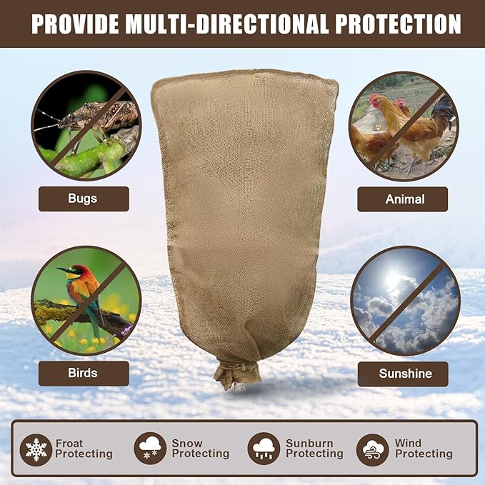 3 Pack 24'' x 40'' Reusable Warm Burlap Winter Plant Cover Bags with Drawstring Burlap Plant Covers Freeze Protection Large Plant Frost Cloth Cold Freeze Blanket Protecting Fruit Tree Potted Plants