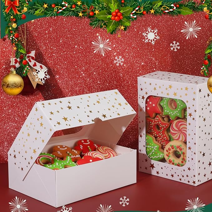 12pcs Cookie Boxes with Window, 8.25x6x2.75in White Treat Boxes with Window Gold Foil Star Bakery Cake Boxes for Christmas Gift Giving Pastry Dessert Cupcakes Candy Donut Packaging