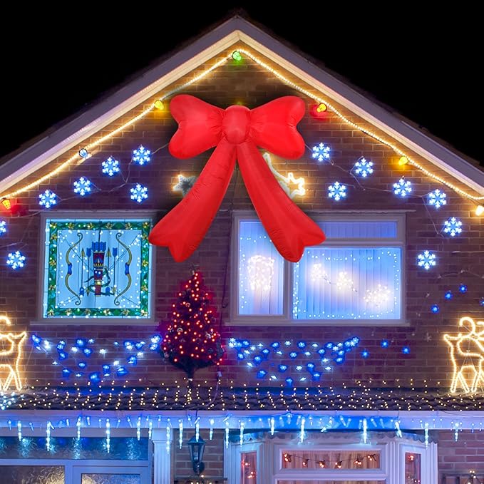 Christmas Inflatables Giant Red Bow Lighted Balcony Terrace Porch Yard Lawn Inflatable Decoration with Built-in Fan and Ropes Holiday Party Decor, Christmas Decor (7FT-Red Bow)
