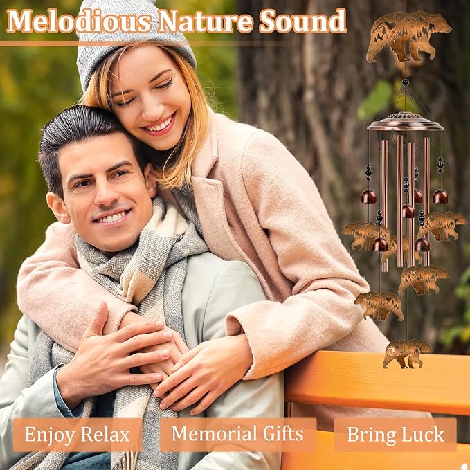 Bear Wind Chimes for Outside - Bear Gifts for Women Men, Memorial Wind Chimes for Home Outdoor Garden Patio Yard Porch Decor, Mom Grandma Birthday Mother's Day Idea