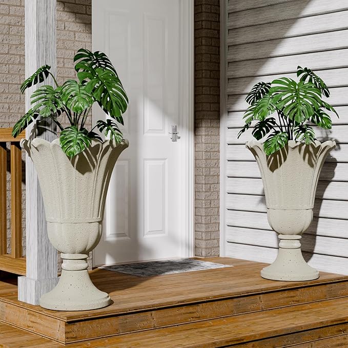 23.6" Tall Plastic Urn Planters for Outdoor Plants, Set of 2 Heavy-Duty Classic Indoor Large Flower Pots with Drainage Holes & Petal Design, Outdoor Planters for Porch, Home Garden, White