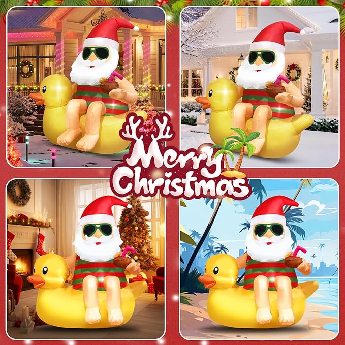 Christmas Inflatable Outdoor Decoration Blow Up 4.5ft Hawaii Santa take Coco Drink Inflate Xmas Decor Cute Blow Up Duck Santa Claus with LED for Outside Yard Garden Lawn Party Decor