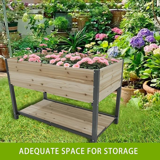 Raised Garden Planter Box with Storage Shelf, 45 inch Elevated Wood Planting Bed, Metal Frame